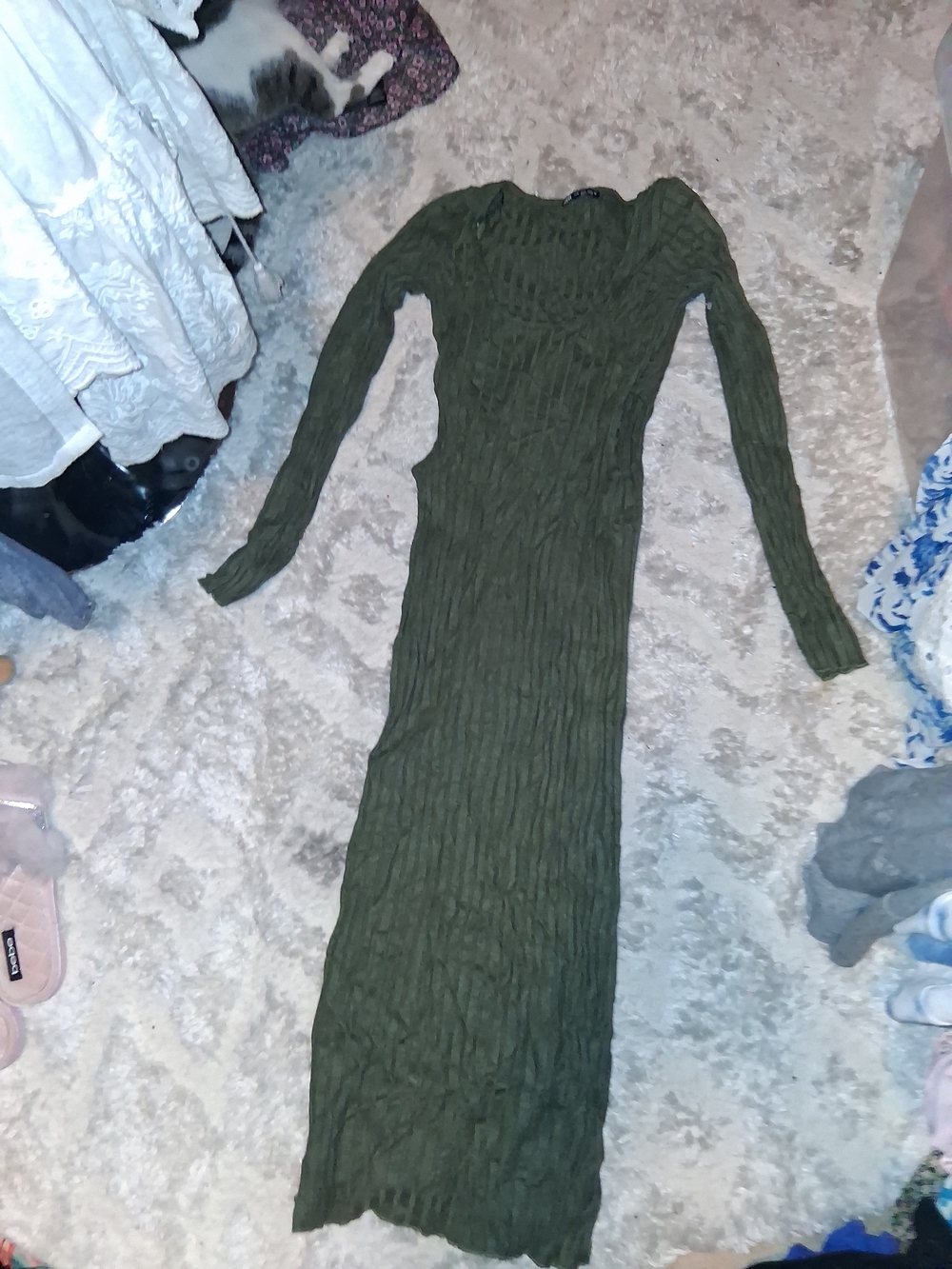 Zara Olive Green Long-Sleeve Ribbed Maxi Dress